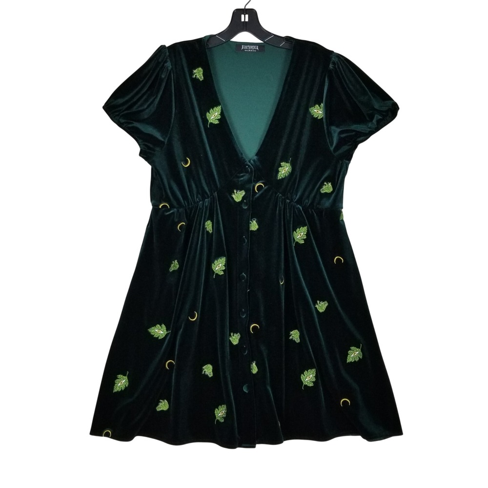 Disturbia Romper Womens 12 Green Velvet Embroidered Moon Leaf Celestial V-Neck